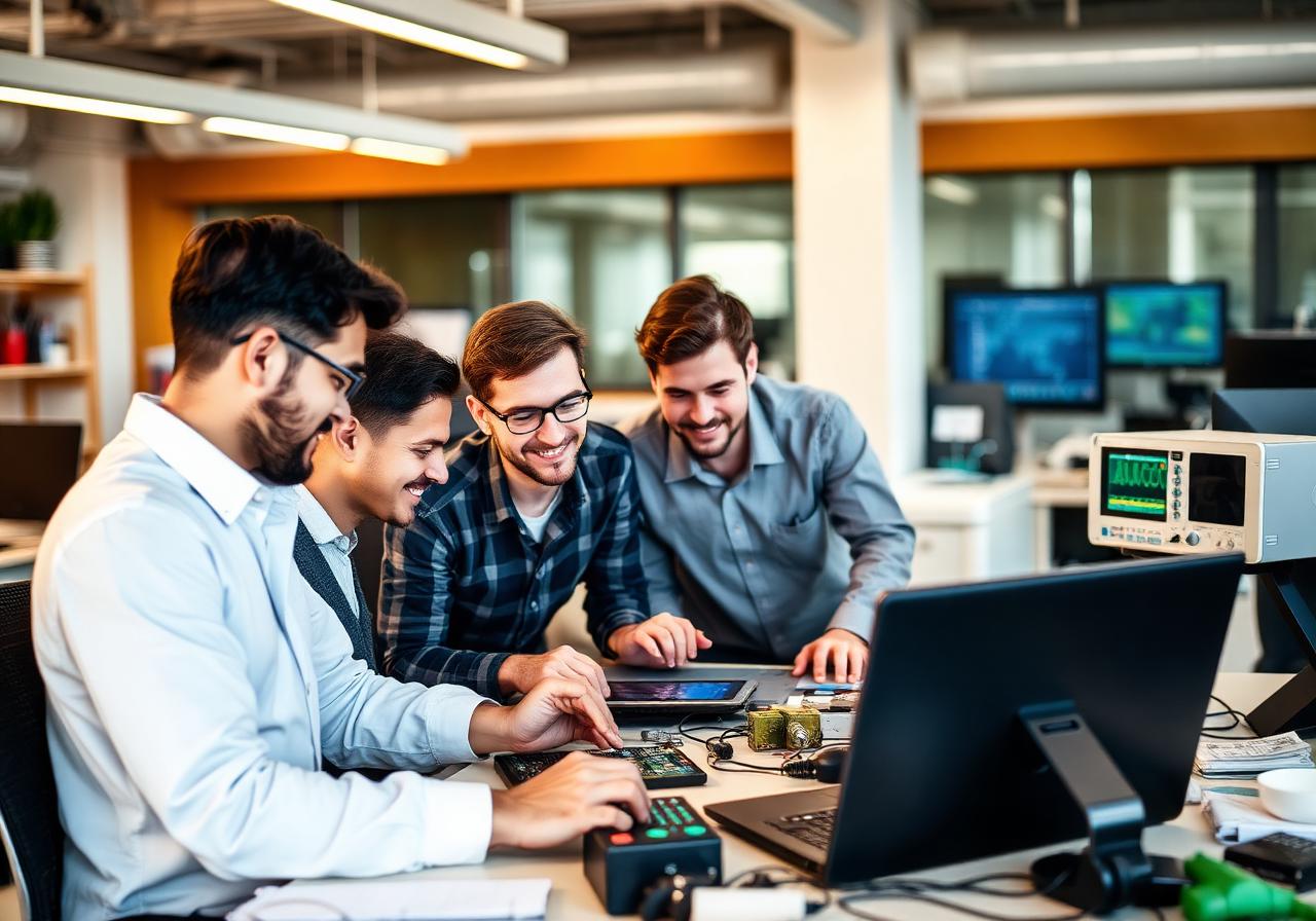 Engineering team collaborating on IoT hardware prototypes